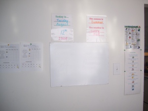 This is our markerboard, rules, calendar and behavior charts.